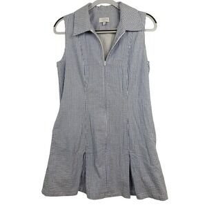 JW Reilly Seersucker Zip Front Dress L Blue White Stripe